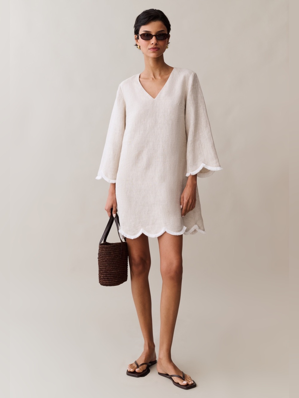 NWT Few Moda Rebekah Linen Dress size Large L oatmeal cream trim o.p.t